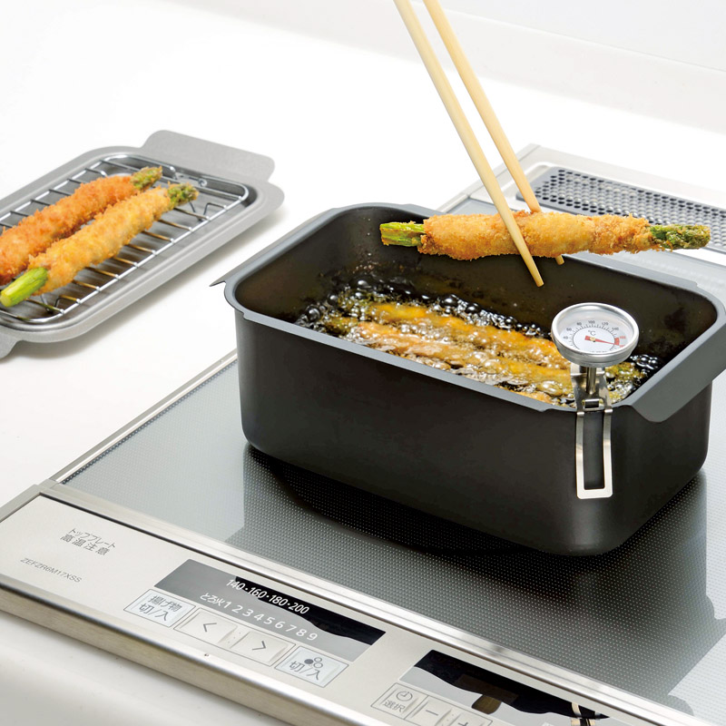 ポコフリット　　IH対応角型揚げ鍋(温度計･アミ付)