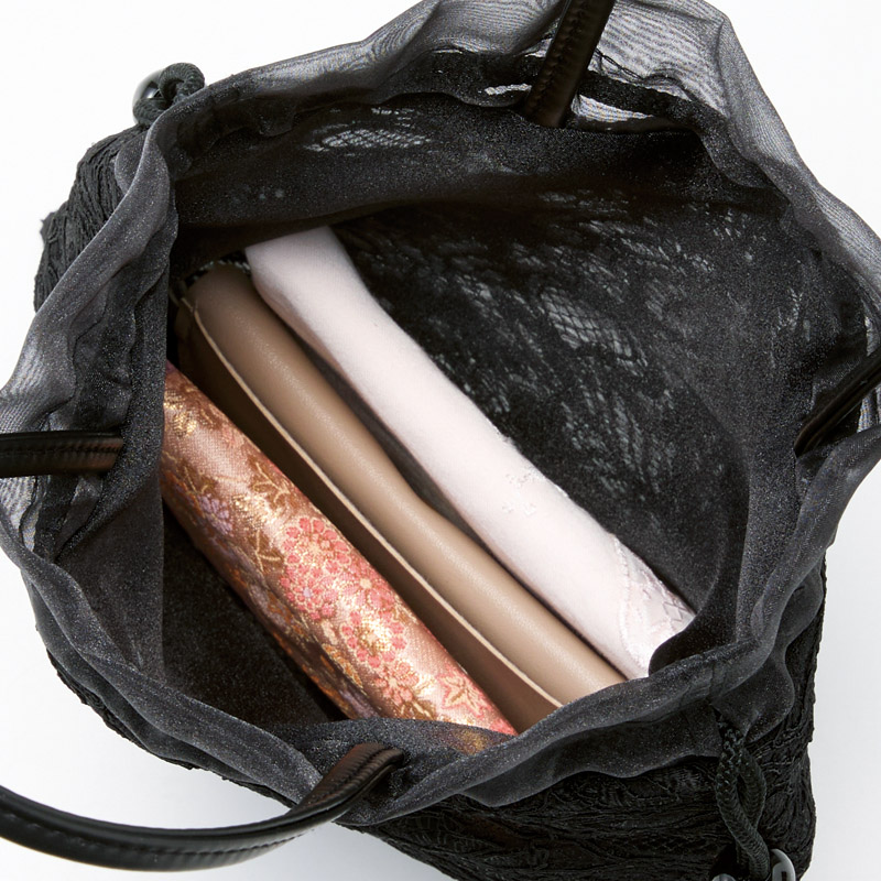 福井県産レース巾着手提げ(ブラック)