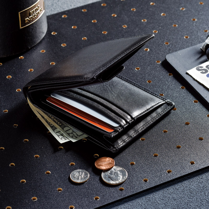 日本製牛革中べら付き札入れ(ブラック)