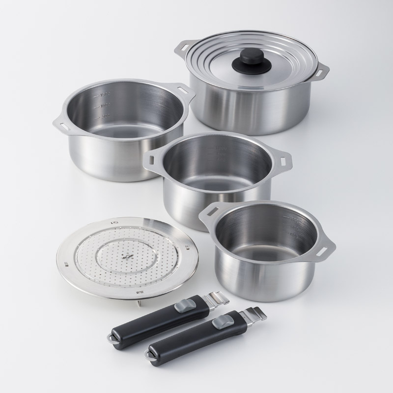 　IH対応ハンドル着脱式鍋4点セット(蒸し台付)