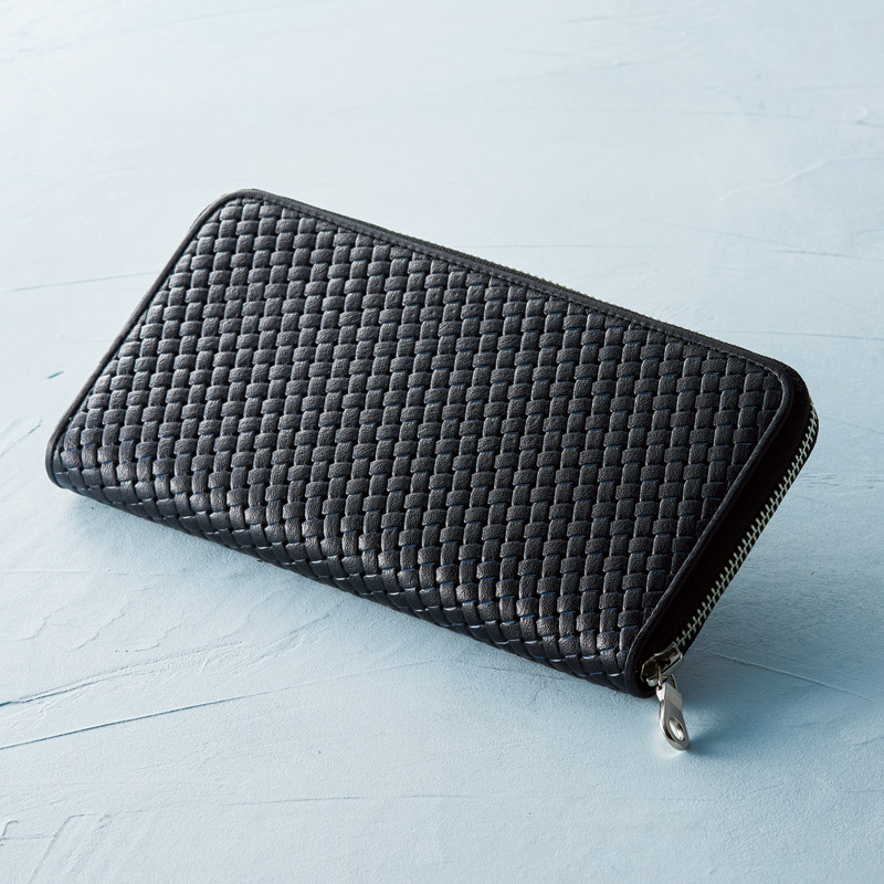 　日本製牛革型押ラウンド財布(ブラック)