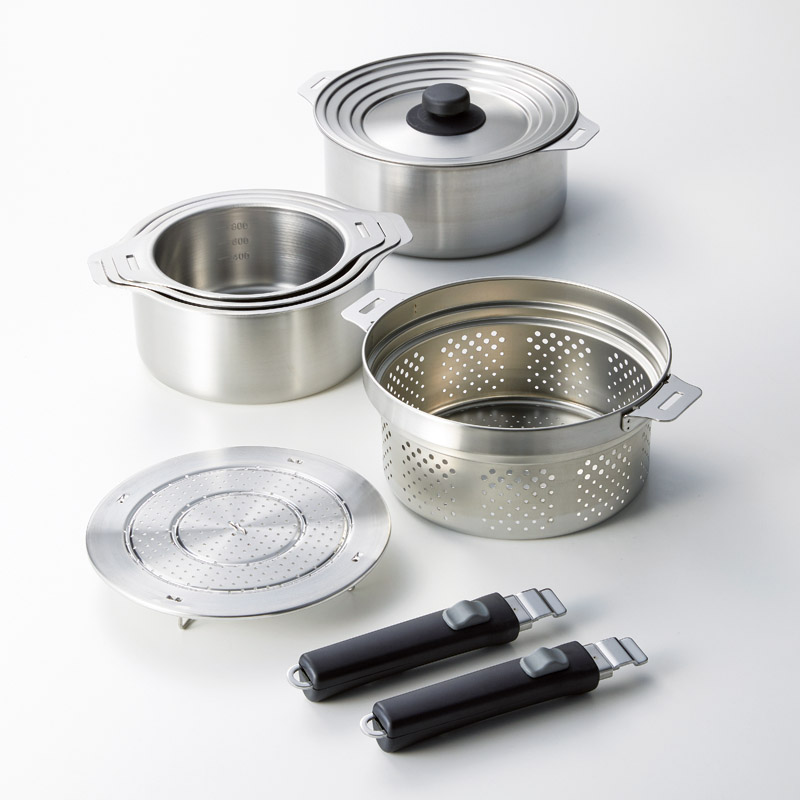 　IH対応ハンドル着脱式鍋4点セット(蒸し台･中かご付)