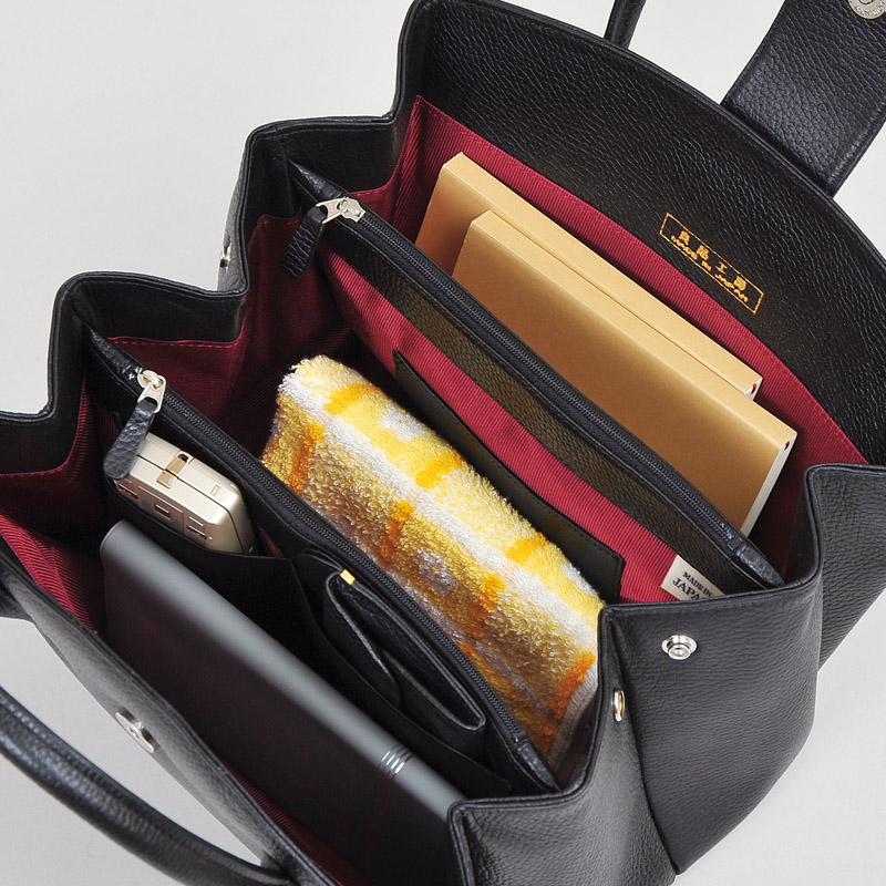 　日本製牛革ジャバラ式手提げバッグ(ブラック)