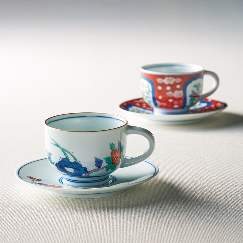 　福丈窯 染錦珈琲碗皿鉢揃(手描)