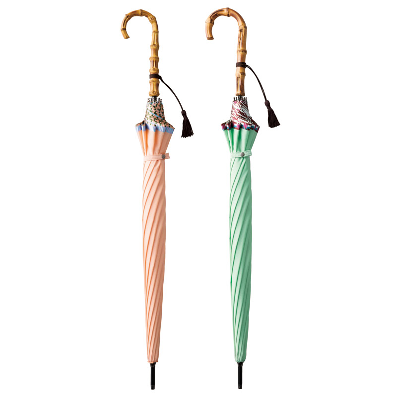 甲州織12本骨裾織手開き長傘セット(桃色･緑色)